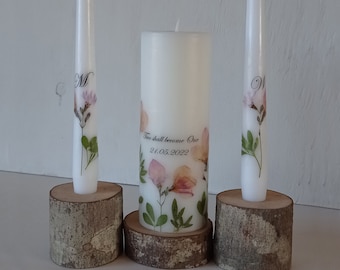 Wedding Ceremony Candle Set with Names and Initials, Decorated With Blush Pink Real Pressed Flowers, Personalized Unity Candle Set
