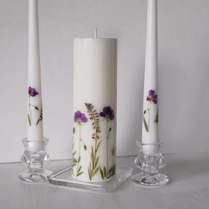 Unity Candle Set with Violet Pressed Flowers, Wedding Ceremony Candles with Real Dried Purple Flowers, Personalized Unity Candle Set