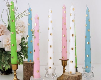 Pastel Dinner Candles With Golden Polka Dots, Wedding Table Decoration