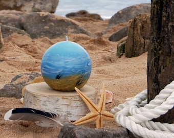 Nautical Ball Candle, Marine Decor, Sky, Sea and Dunes Handpainted With Special Wax, Father's Day Gift
