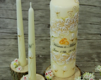 Personalized Champagne Unity Candles With White Painted Roses Initials and Names, Personalized Wedding Ceremony Candle Set with Roses