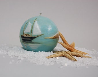 Nautical Candle Ball with Handpainted Dunes, Ocean and Sailboat, Gift for Him, Nautical Home Decor,  Marine Cottage Decoration