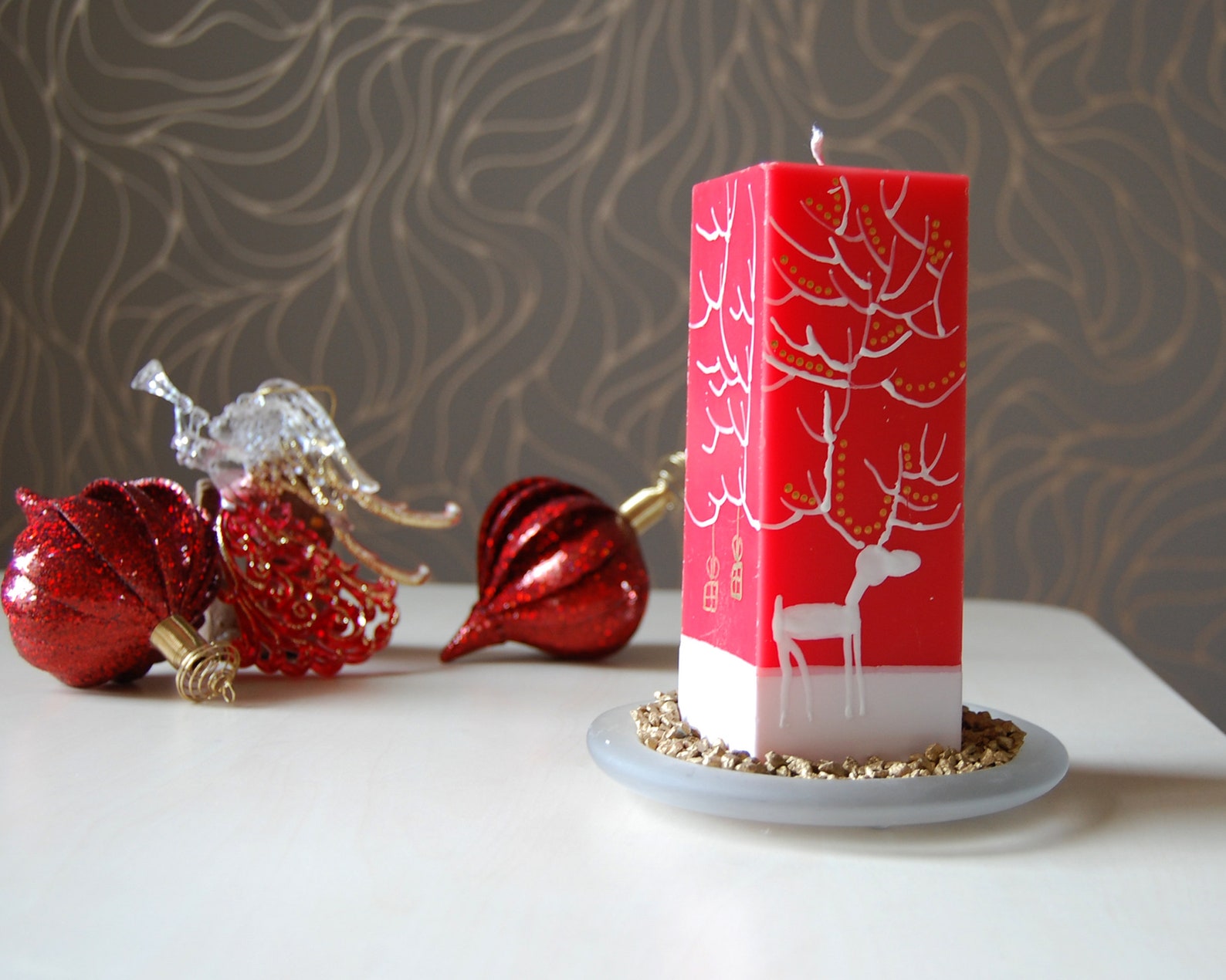 Christmas Pillar Candle Rectangle Handpainted White Deer on Etsy