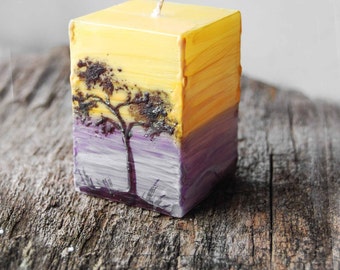 Pillar Candle Cube with Painted Sunset Ocean And Pine, Christmas Gift