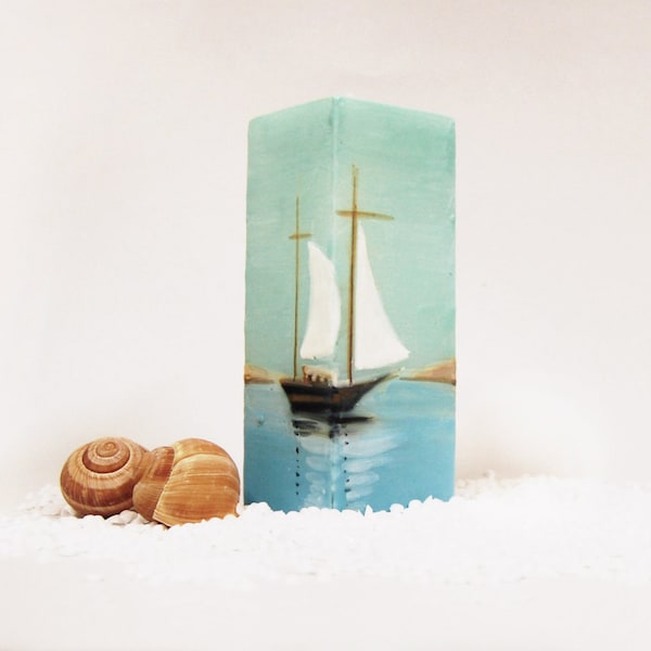 Handmade Candle Rectangle with Painted Sea, Dunes and Boat, Teal Blue Marine Pillar Candle, Nautical Gift For Men, Beach Cottage Decor