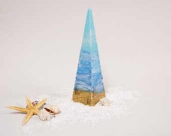 Nautical Candle Pyramid - Sky Sea and Dunes Hand Painted With Special Wax - Nautical Home Decor - Beach Cottage Decor - Marine Gift Idea