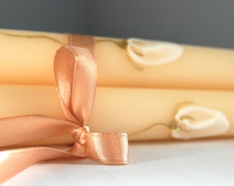 Hand Painted Champagne Taper Candles with White Rosebuds - Wedding Table Decor