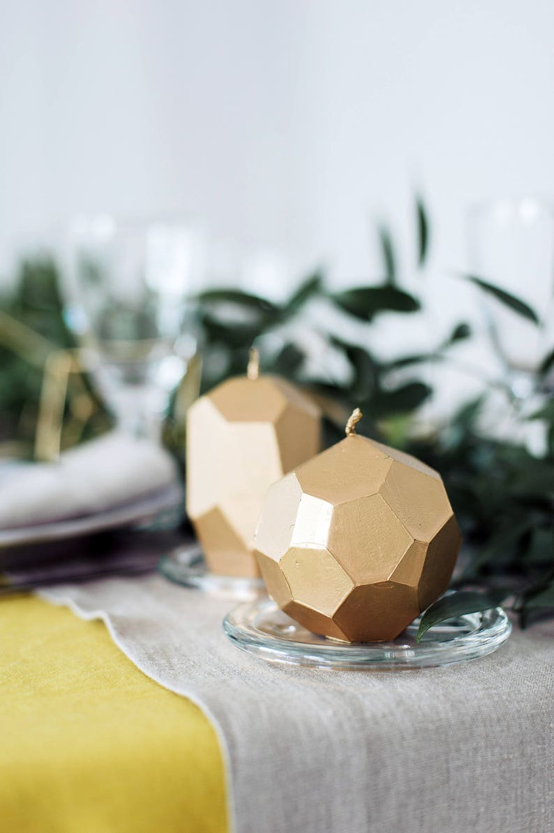 Gold Geometric Handmade Candles, Set of 3 Faceted Candles, Golden Modern Wedding Favors, Gold Wedding Centerpiece, Metallic Home Decor image 2