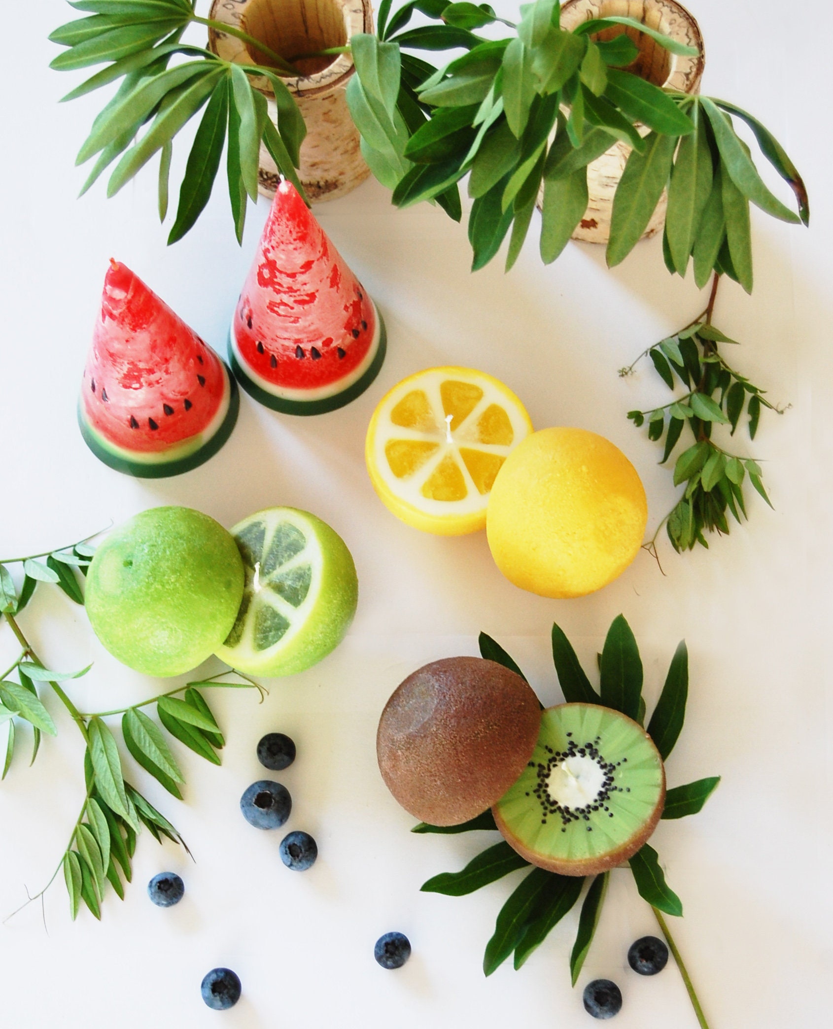 Bougies de Fruit - Pastèques, Kiwi, Lime et Citron Ensemble Tropical Bougies 8 Faux Fruits Cadeau Dr