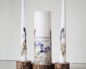 Personalized Unity Candle Set Decorated With Blue Real Pressed Flowers, Lavender Wedding Ceremony Candles with Names, Date and Initials