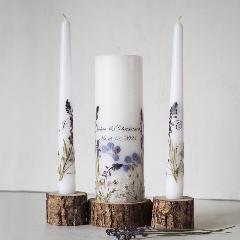 Personalized Unity Candle Set Decorated With Blue Real Pressed Flowers, Lavender Wedding Ceremony Candles with Names, Date and Initials image 1