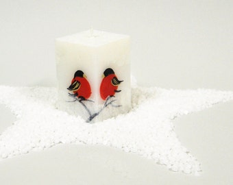 Christmas Candle Cube With Handainted Red Birds - Christmas Table Decor - White Christmas Candle - Winter Wedding Decor Favors