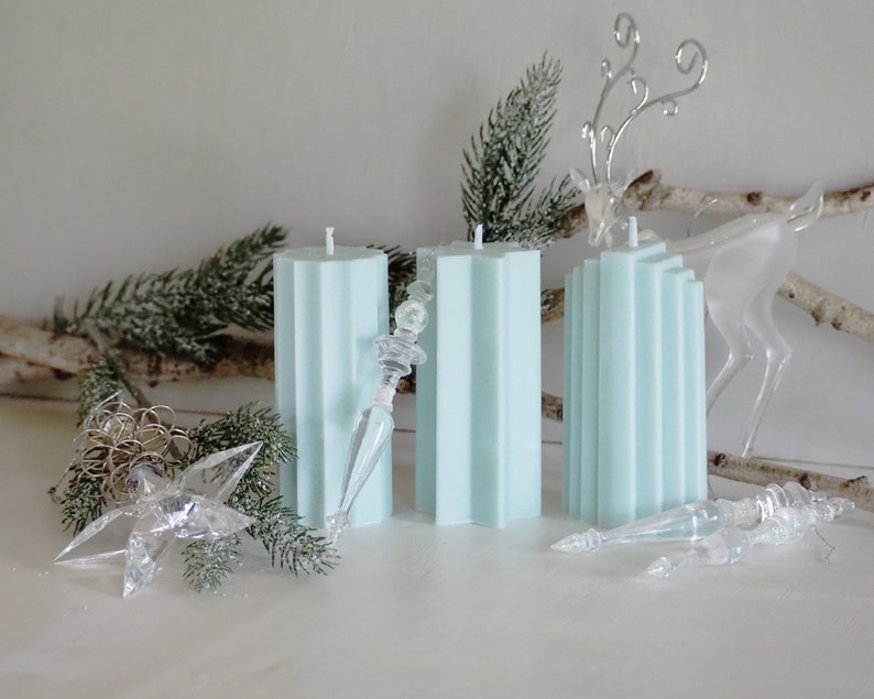 Unscented Pillar Soy Wax Candles, Ribbed, Tower and Star Shaped Pillar Pastel Color Candles, Easter Table Decoration image 2