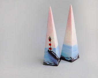 Handpainted Pyramid Candle, Lighthouse, Nautical Decor