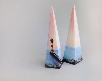 Handpainted Pyramid Candle with Lighthouse on the Breakwater, Nautical Home, Beach Cottage, Marine Decor, Hygge Home Decor