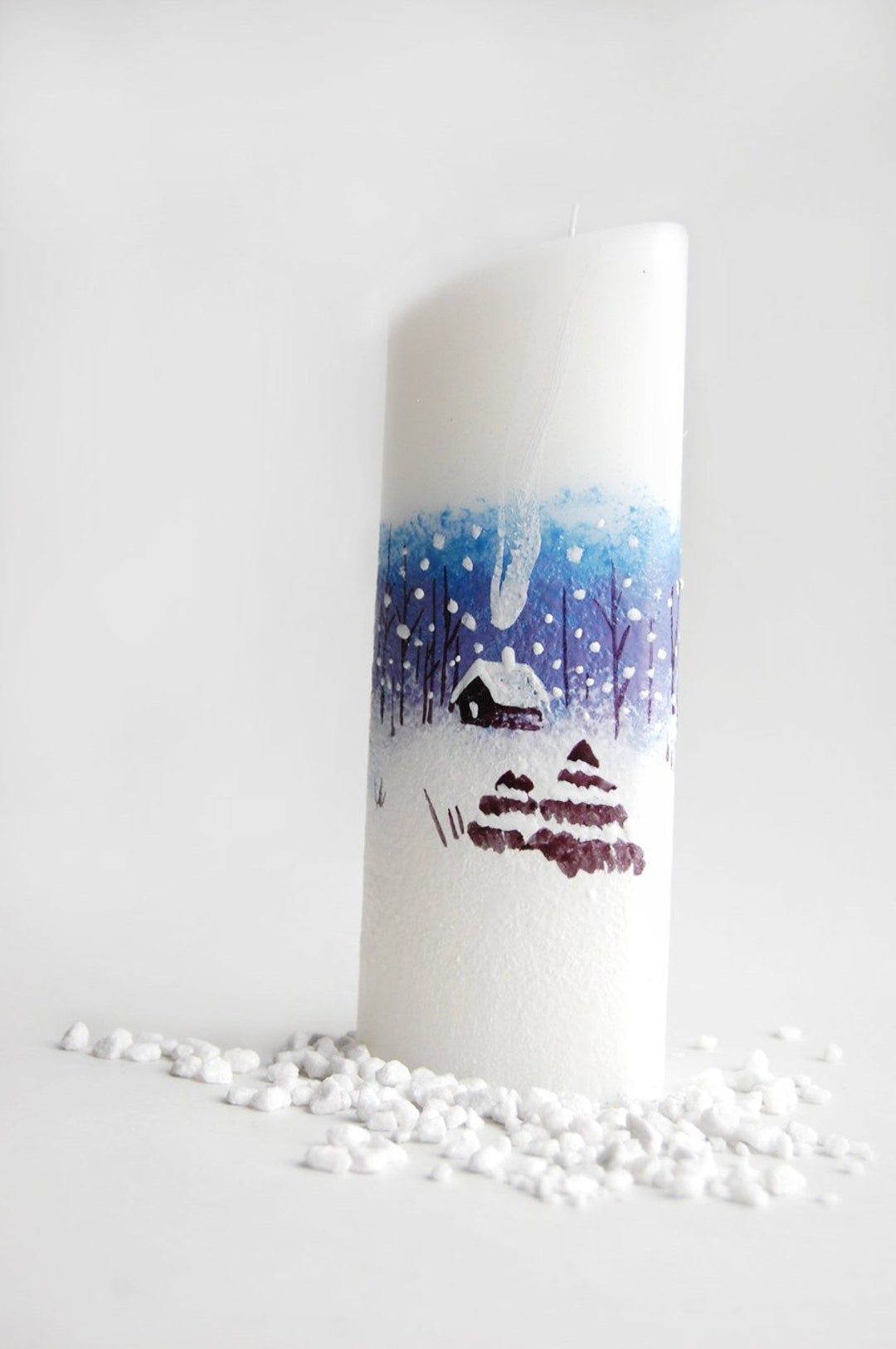 Christmas Gift Pillar Candle, White Winter Candle With Hand Painted