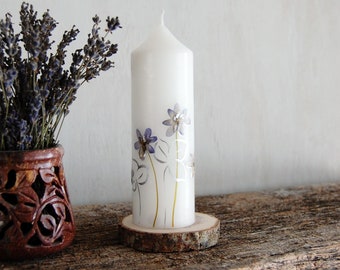 White Pillar Candle With Real Dried Pressed Flowers, Hygge Home Decor, Handmade Cylinder Candle With Natural Violets