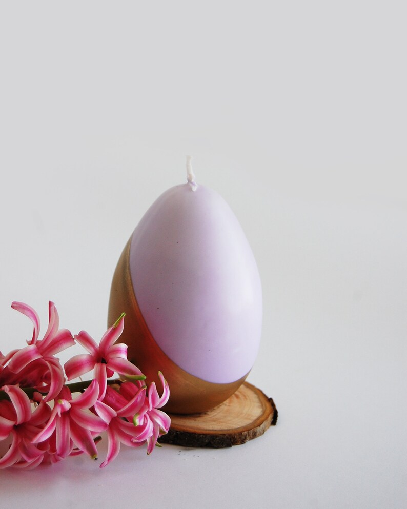 Big Easter Egg Candle Half Painted in Gold, Modern Easter Table Decoration, Cozy Easter Gift Purple