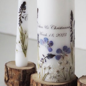 Personalized Unity Candle Set Decorated With Blue Real Pressed Flowers, Lavender Wedding Ceremony Candles with Names, Date and Initials image 5