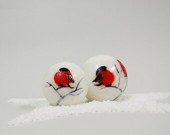 Winter Candle Ball With Red Birds, Christmas Gift, White Ball Candle, Candle with Red Bullfinches and Snowy Branches