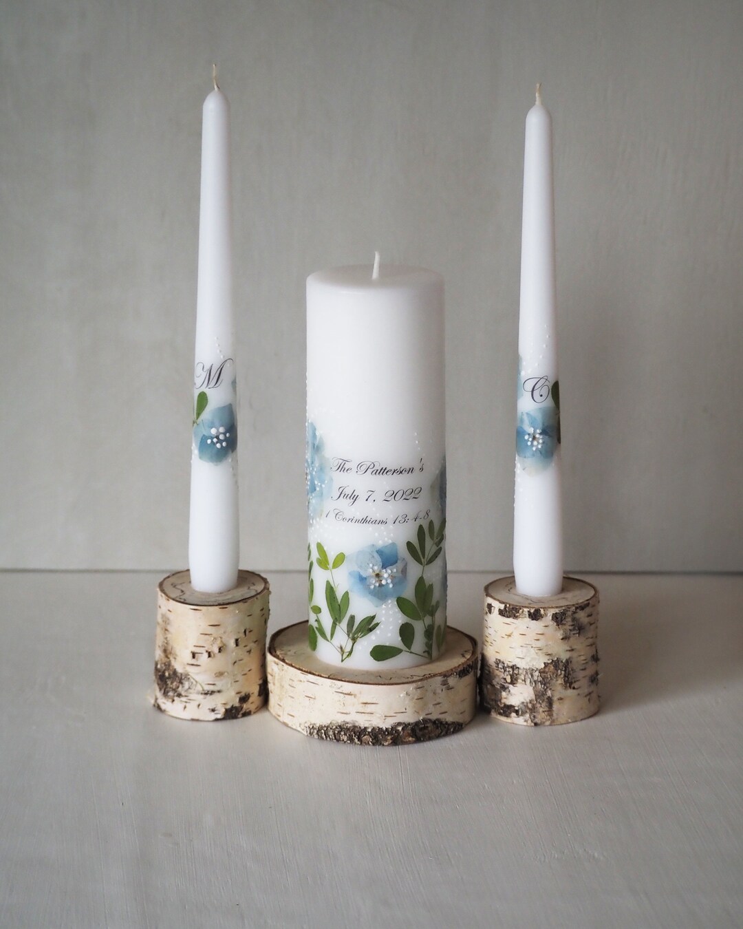 Unity Candle Set Decorated With Blue Hydrangea Personalized Etsy