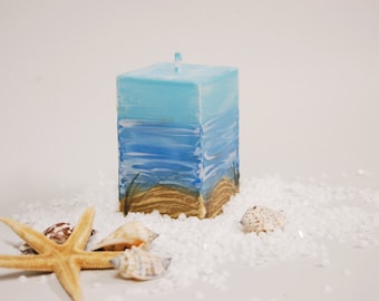 Handmade candle cube - sky, sea and dunes hand painted with special wax. Beach cottage decor, nautical gift, marine blue candle.