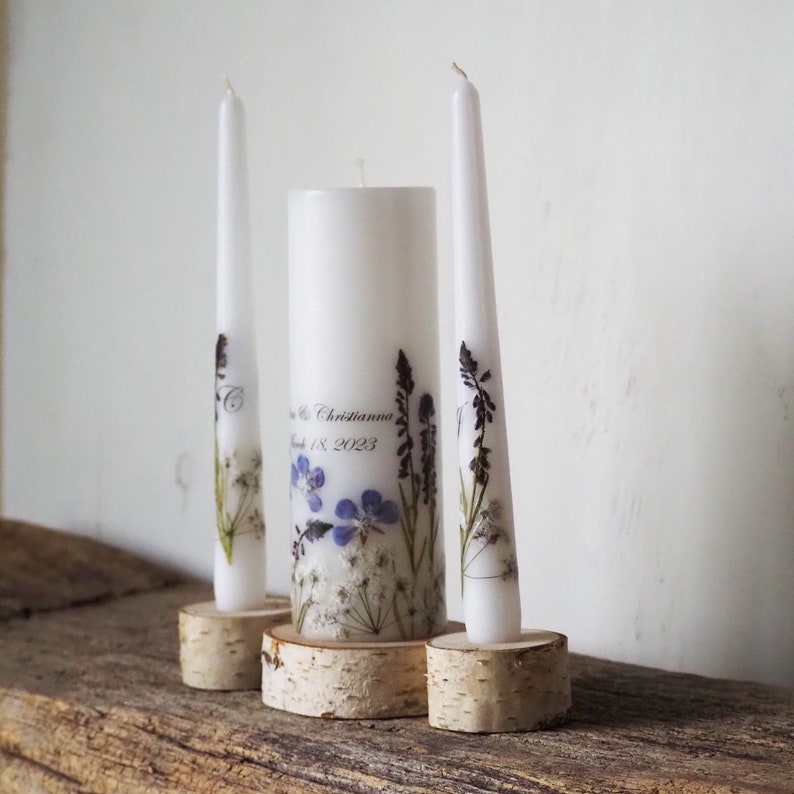 Personalized Unity Candle Set Decorated With Blue Real Pressed Flowers, Lavender Wedding Ceremony Candles with Names, Date and Initials with birch holders