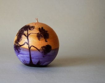 Handpainted Candle Ball - Sunset At The Beach - Painted Ocean And Pine - Marine Decor - Beach Cottage Decor - Hygge Decor - Nautical Candle