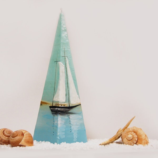 Handpainted Pyramid Candle, Lonely Sailboat Sea And Dunes, Nautical Pyramid Candle, Beach Cottage Decor, Marine Home Decor