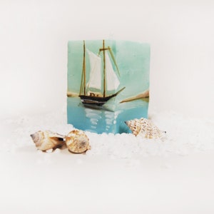 Nautical Candle Cube with Handpainted Lonely Sailboat, Ocean And Dunes, Marine Nautical Home Decor, Marine Wedding Favor