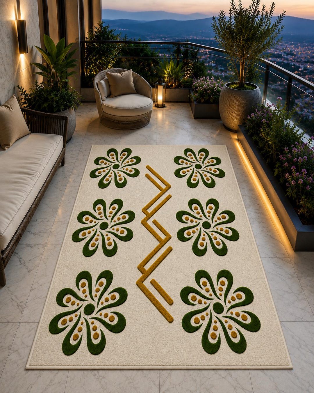 Hand Tufted Wool Rug: Forest Green Floral Chevron Carpet, Boho Living ...