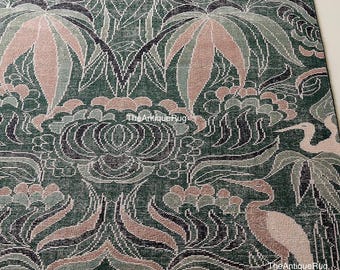 Handgeknüpfter Oushak Wollteppich, Tropisches botanisches Art-Deco-Design, Vintage-Dschungeldekor