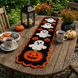 May include: A rectangular crochet table runner featuring a repeating pattern of white ghosts and orange jack-o'-lanterns on a black background, finished with a scalloped orange border. The design includes four white ghosts and several pumpkins.