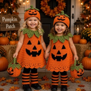 Può includere: Due vestiti a forma di zucca all'uncinetto arancioni abbinati con colletti a foglia verde, cappelli a zucca arancioni e scaldamuscoli a righe nere e arancioni. Ogni vestito presenta una faccia di zucca nera e un cestino a zucca abbinato.