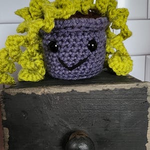 Pode incluir: Um vaso de planta de crochê com um rosto sorridente e cabelo de lã verde. O vaso é roxo e tem olhos pretos. O vaso está sentado em uma caixa de madeira com uma maçaneta preta.
