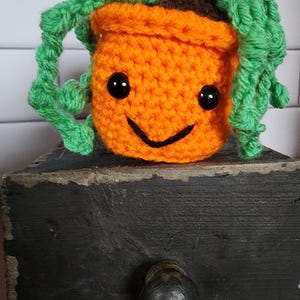 May include: A crocheted orange pot with a smiling face and green crocheted vines coming out of the top.
