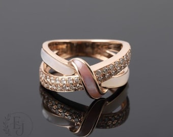 Rose Gold Knot Ring, White Pink Enamel, Pavé Diamonds, Crossover Statement Ring
