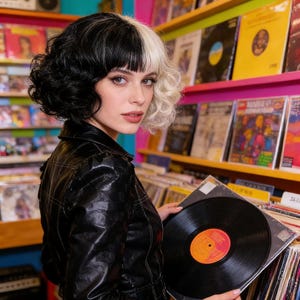 Pode incluir: Uma pessoa com cabelo preto e branco segura um disco de vinil em uma loja de discos. A pessoa usa uma jaqueta de couro preta. Prateleiras cheias de discos estão ao fundo. O disco tem um rótulo laranja e vermelho.