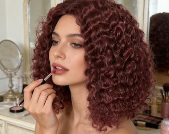 Burgundy Curly Wig | Short Fluffy Afro, Bouncy Curls, Synthetic Fibers