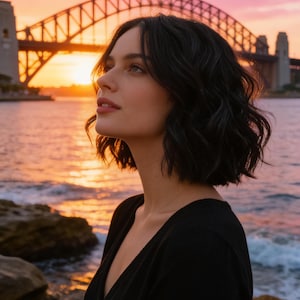 May include: A woman with dark hair gazes upward against a sunset backdrop. The Sydney Harbour Bridge is visible in the background. She wears a black top, and the sky transitions from pink to orange.