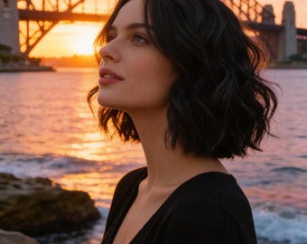 Wavy Bob Wig, Shoulder Length, No Bangs, Soft Water Wave Black Hairstyle