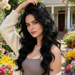 May include: A person with long, wavy black hair, wearing a grey vest top and a cream cardigan, poses in a garden with colourful flowers. A white house with a red door is in the background.