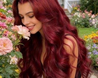 Burgundy Red Wavy Lace Front Wig, Middle Part Synthetic Hair, Heat Resistant Cosplay
