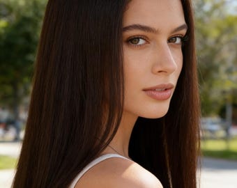 Dark Brown Long Straight Human Hair Wig: Natural Middle Part Glueless Lace Front