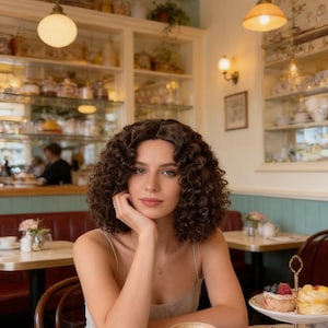 May include: A woman with curly brown hair sits at a table in a cafe, resting her chin on her hand. A cup of tea, a teapot, and a tiered dessert stand with pastries are on the table. The cafe has a vintage aesthetic with shelves of teacups.