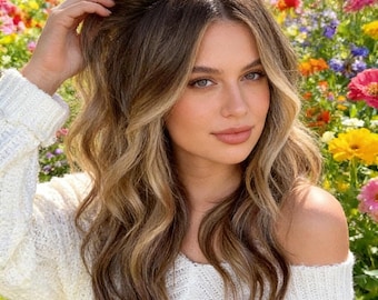 Brown Blonde Highlight Loose Wavy Lace Front Wig, Face Framing Daily Wear Synthetic Hair