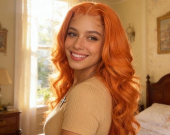 Peluca frontal de encaje con ondas corporales de color naranja vibrante, raya al medio, cabello pelirrojo, línea de cabello natural y cabello de bebé.