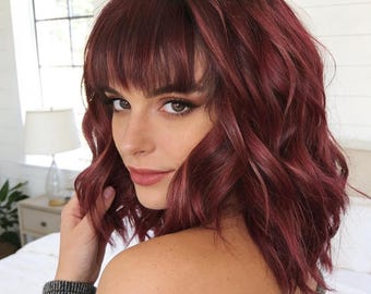 Burgundy Wavy Bob Wig With Bangs, Water Wave Synthetic Heat Resistant Hair