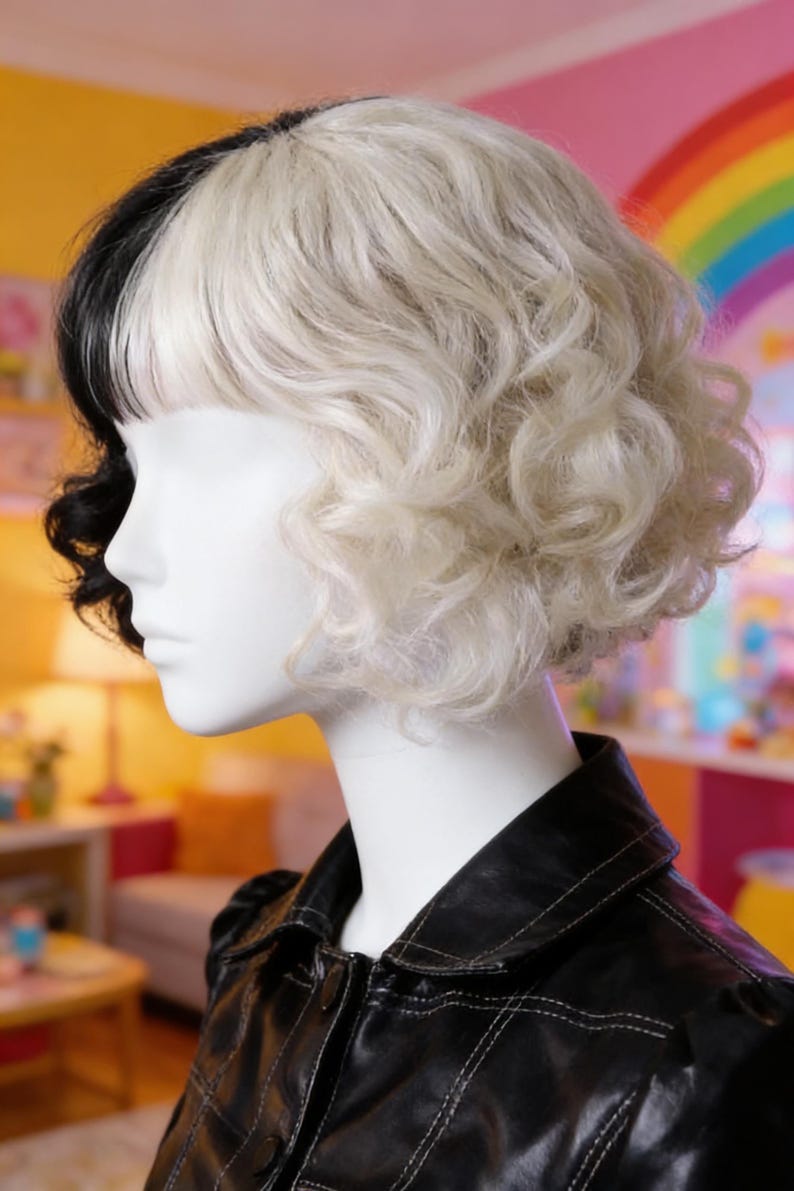 May include: A mannequin head with a two-toned wig, black on the left and white on the right, styled in short, curly layers. The mannequin wears a black leather jacket with white stitching. The background features a rainbow and colorful decor.