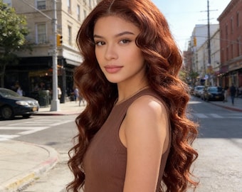 Long Wavy Wig: Gradient Auburn-Brown Synthetic, Middle Part, Heat Resistant Curls